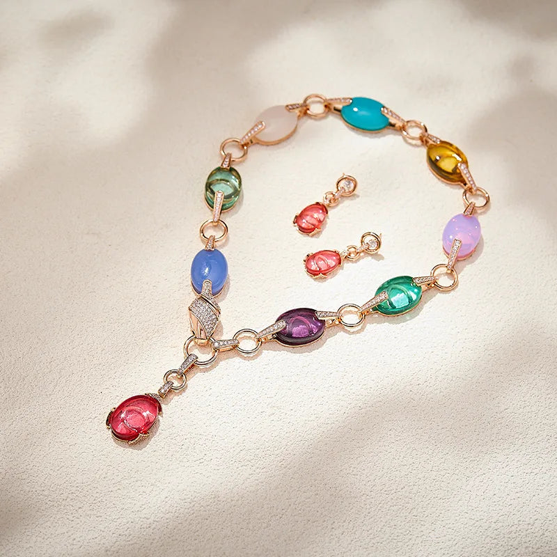 Luxury Snake Design Rose Gold Multicolour Zirconia Long Necklace & Earrings Set
