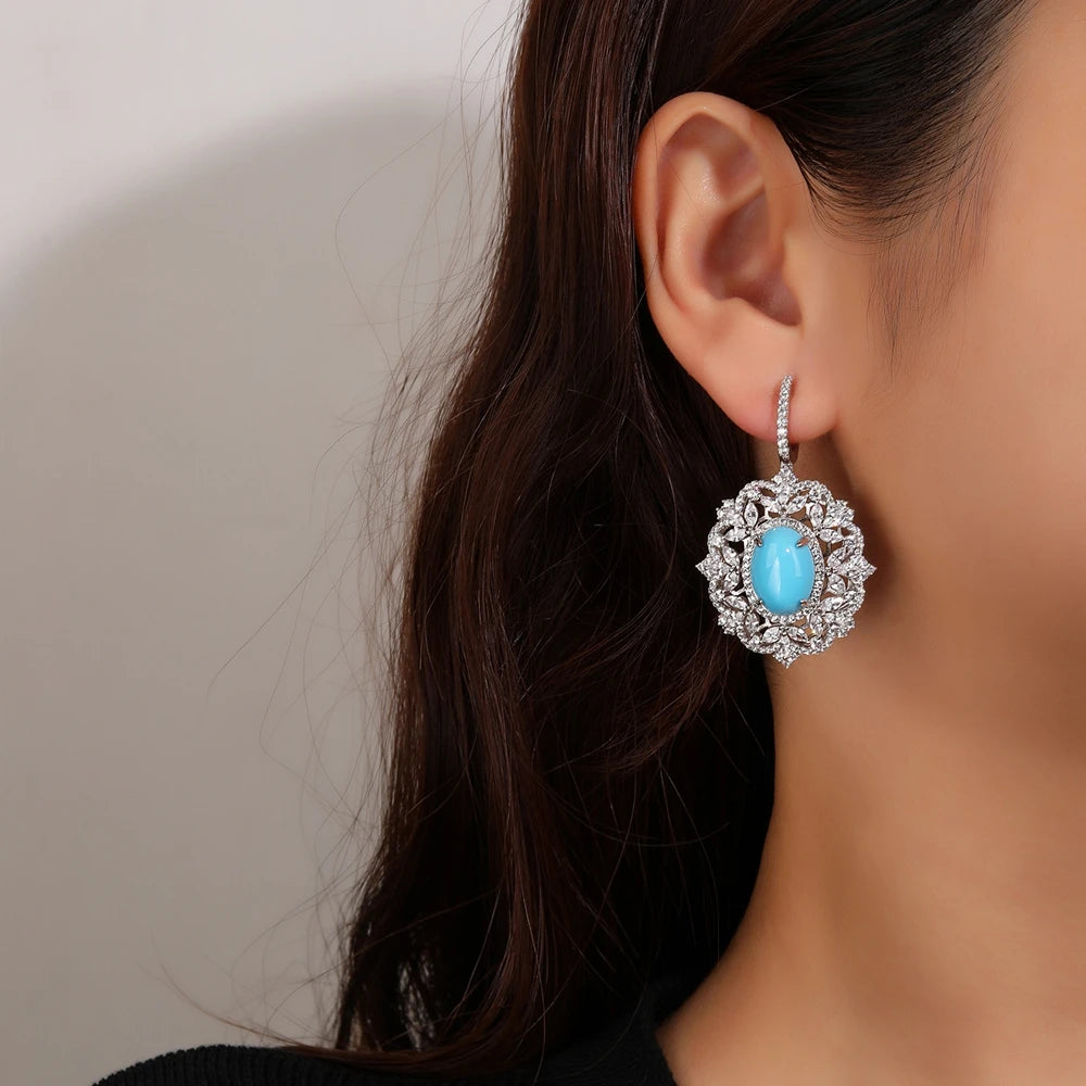 MUSHAN Women's Luxury Stud Earrings 18K Gold Plated Sterling Silver Blue Turquoise Wedding Party Gift Jewelry