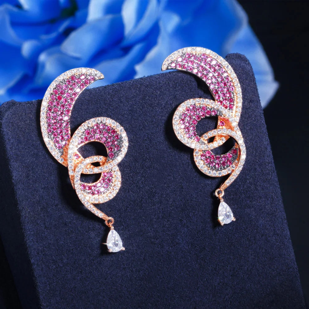 S&S Red CZ Geometric Waterdrop Dangle Drop Earrings – 18K Gold Plated – Collection