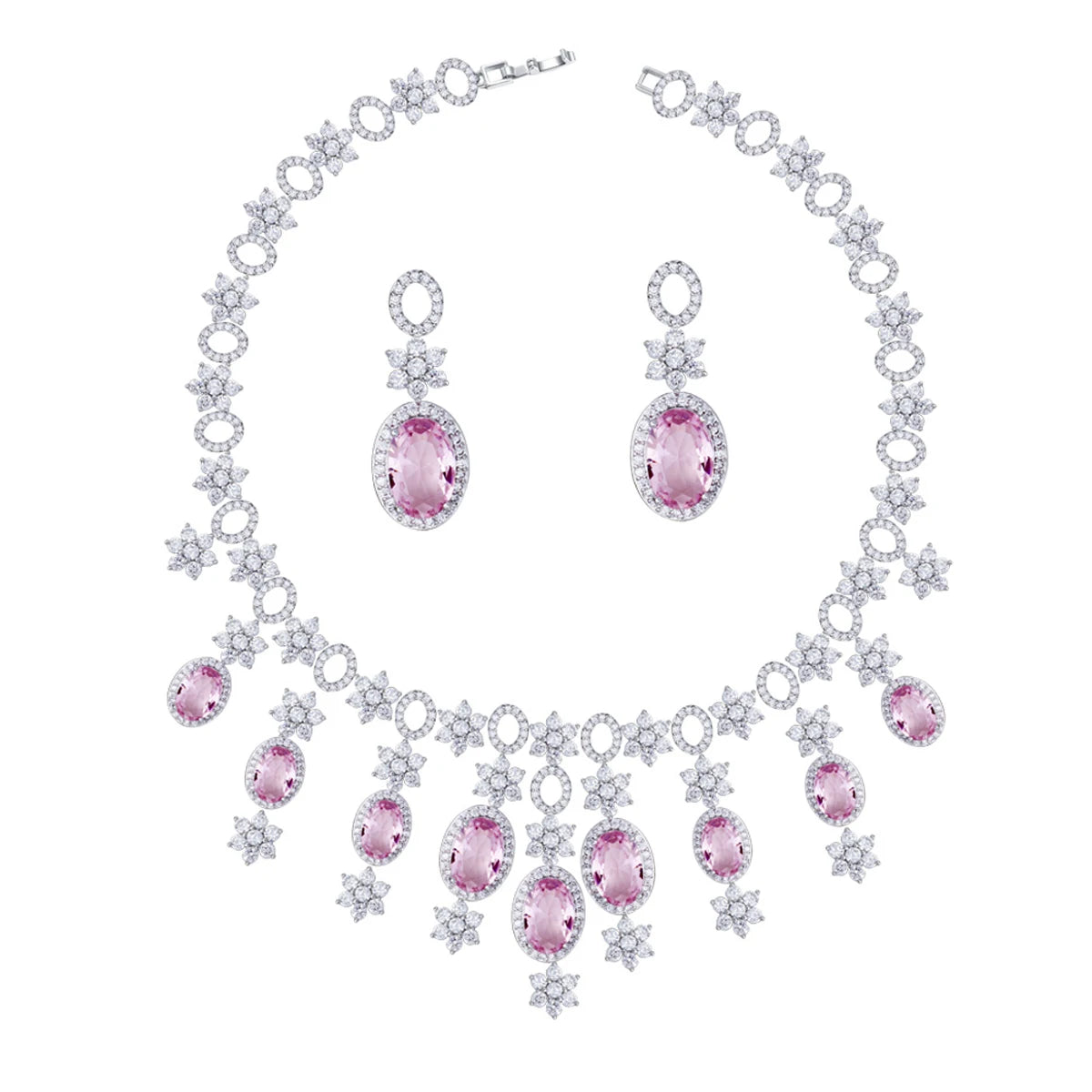 Flower Oval Cut Pink Cubic Zircon Tassel Necklace Earrings Luxury Wedding Engagement Jewelry Set for Women Birthday's Gifts