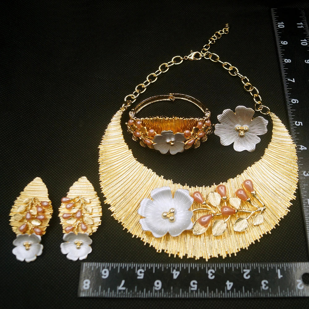 Zhuerrui Women Necklace Earing Bracelet Sets Pink Pearl Africa Nigeria Jewelry Set Italian Gold Plated Non Tarnishing Set H00499