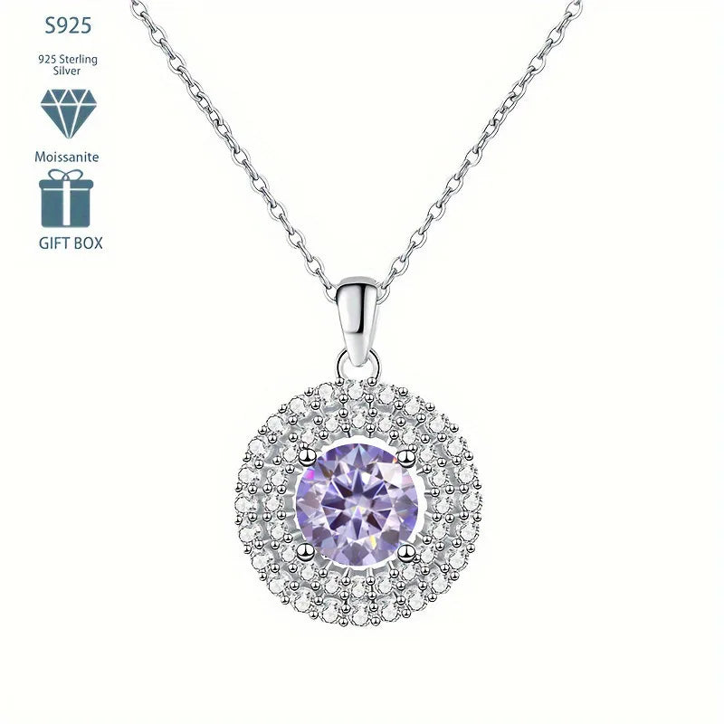 Dainty Double Halo Set Round Cut 1ct VVS GRA Colored Moissanite Jewelry Trendy 925 Sterling Silver Disc Pendant Necklace