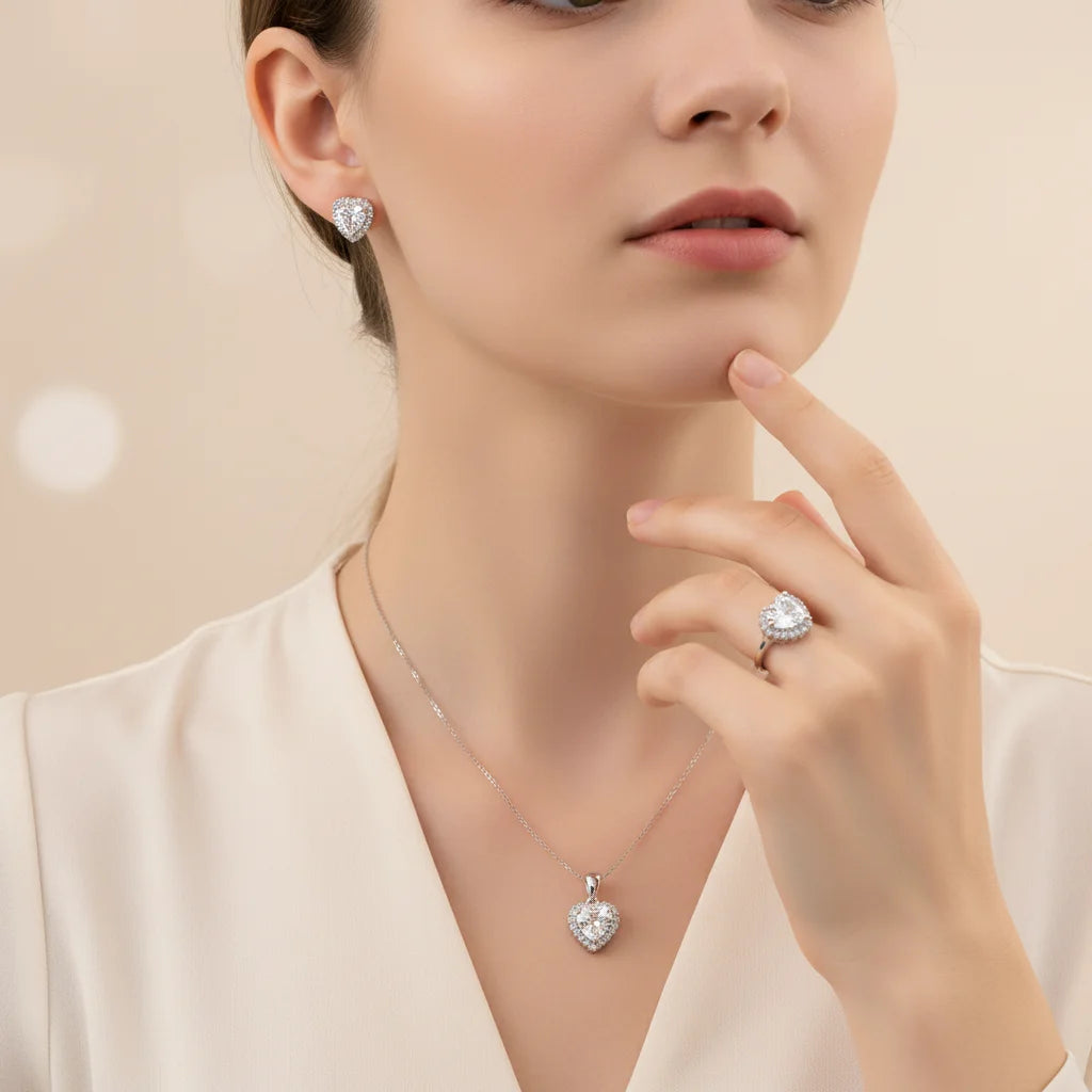 S&S 925 Silver Blue-Green Heart Zircon Fine Jewellery Set | Ring, Pendant & Earrings