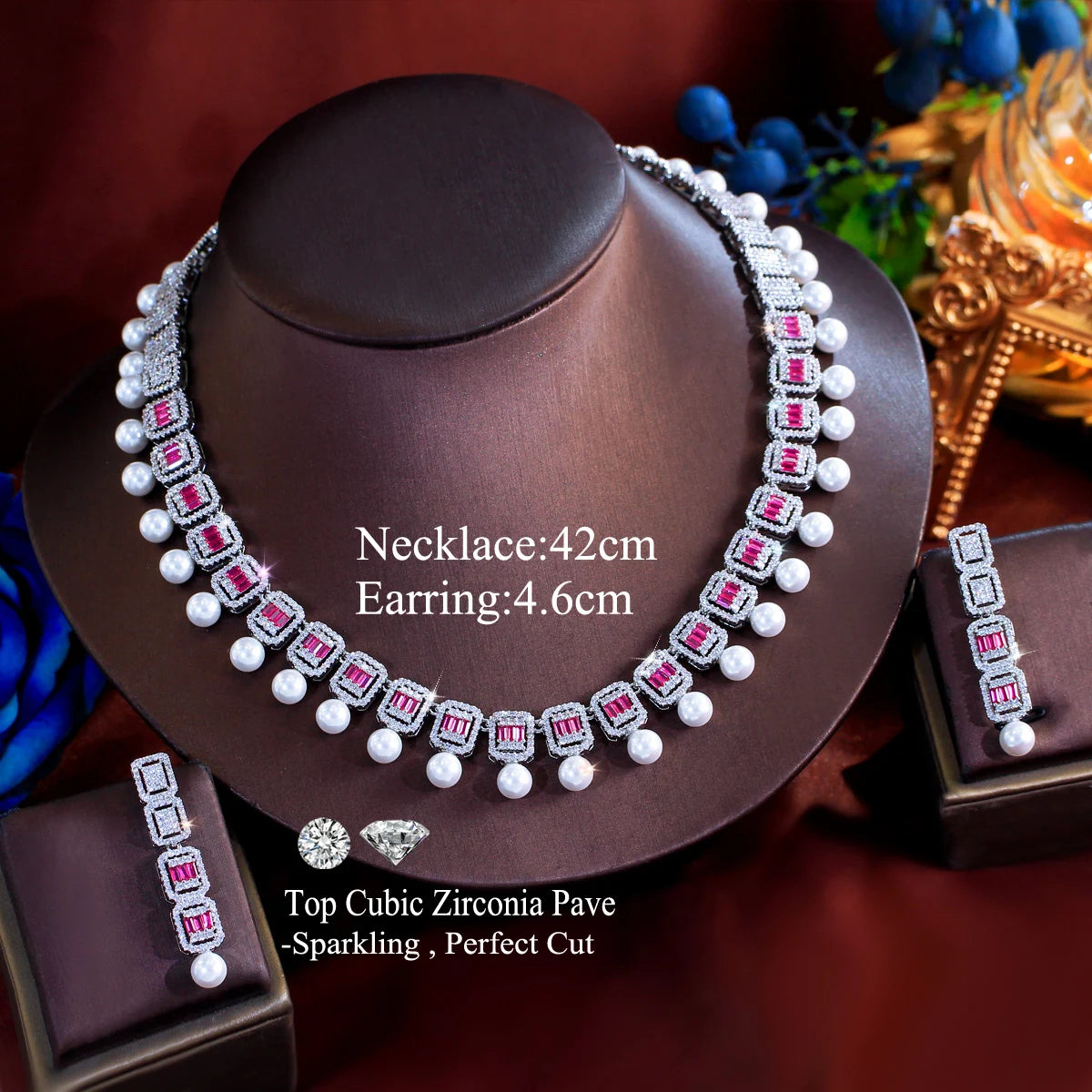 Women Glamorous Necklace and Earrings Red Cubic Zirconia Bridal Pearl Jewelry Set for Anniversaries Engagement Wedding Jewellery