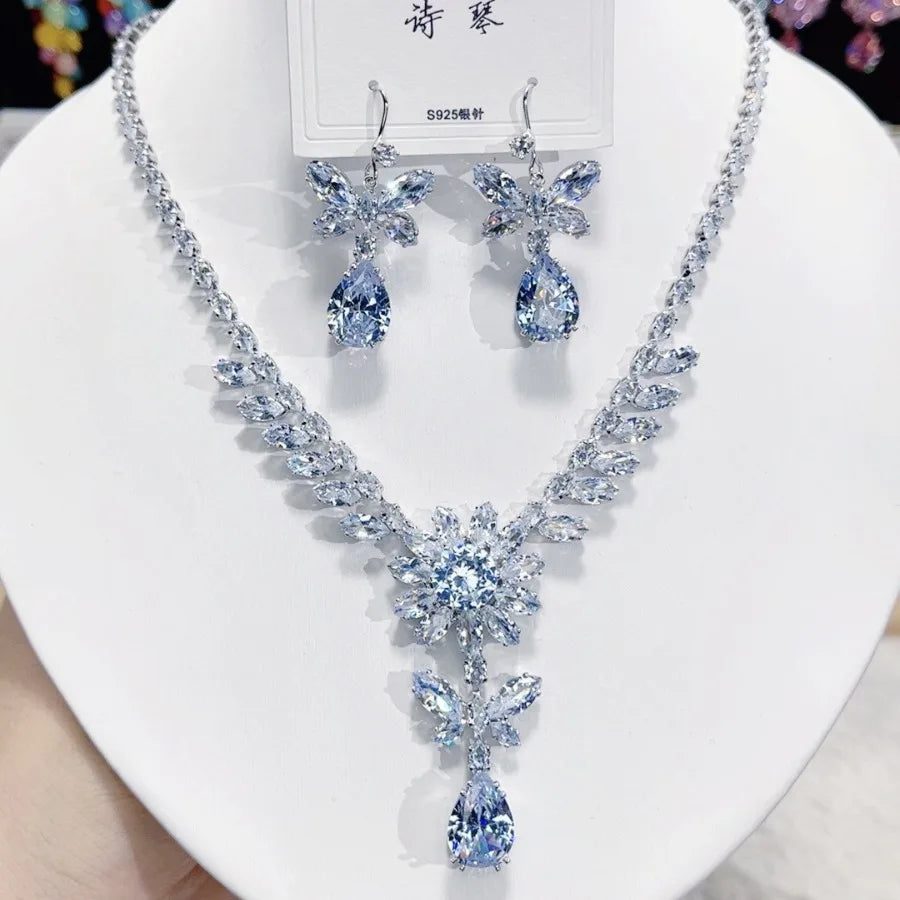 K065 Wholesale Women Trendy Luxury Butterfly and Flower Zircon Bridal Necklace Earrings Set Wedding Elegant Jewelry Set