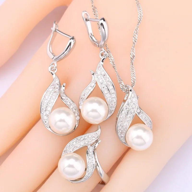 XOTICA Natural White Pearl Silver Jewelry Set for Women Zircon Bracelet Earrings Rings Necklace Pendant for Wedding Party Engagement