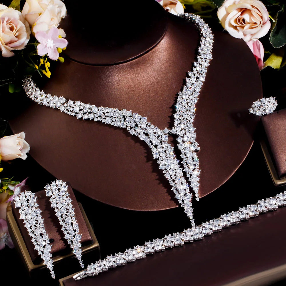 4Pcs Dubai Brilliant CZ Heave Crystal Big Luxury Necklace Earrings Dinner Party Wedding Bridal Costume Jewelry Sets for Women