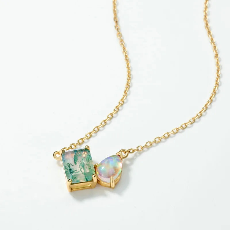 925 Sterling Silver Natural Moss Agate Opal Jewelry Set 14K Gold Plated Emerald Cut Jewelry Set for Women
