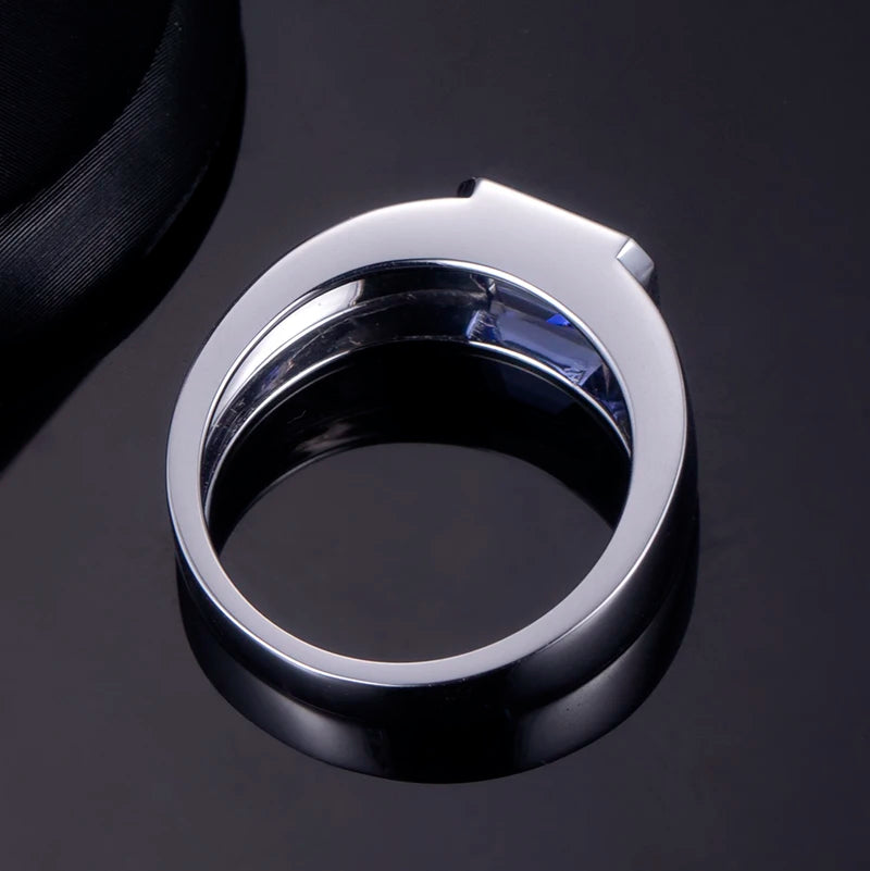 Messi Jewelry MSR-668 18k White Gold Man Ring Lab Grown Sapphire Ring Emerald Cut Gemstone Ring