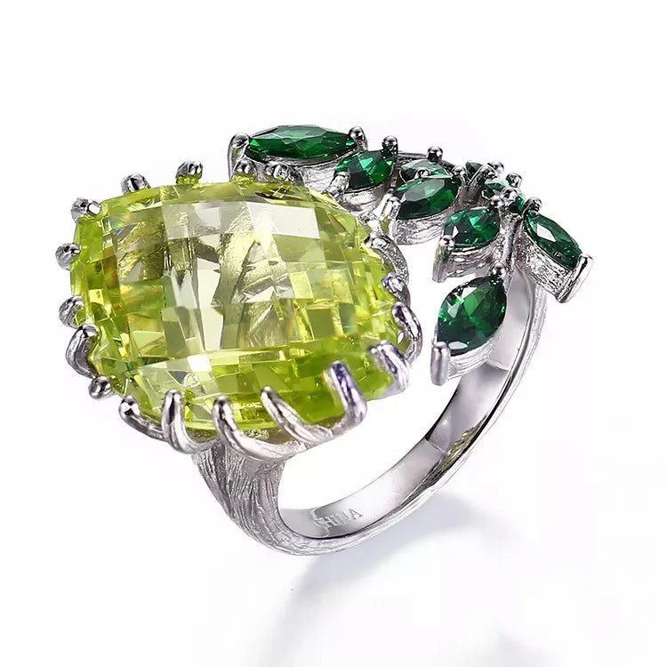 Flower Design 925 Sterling Silver Rings Jewelry with Green Zircon