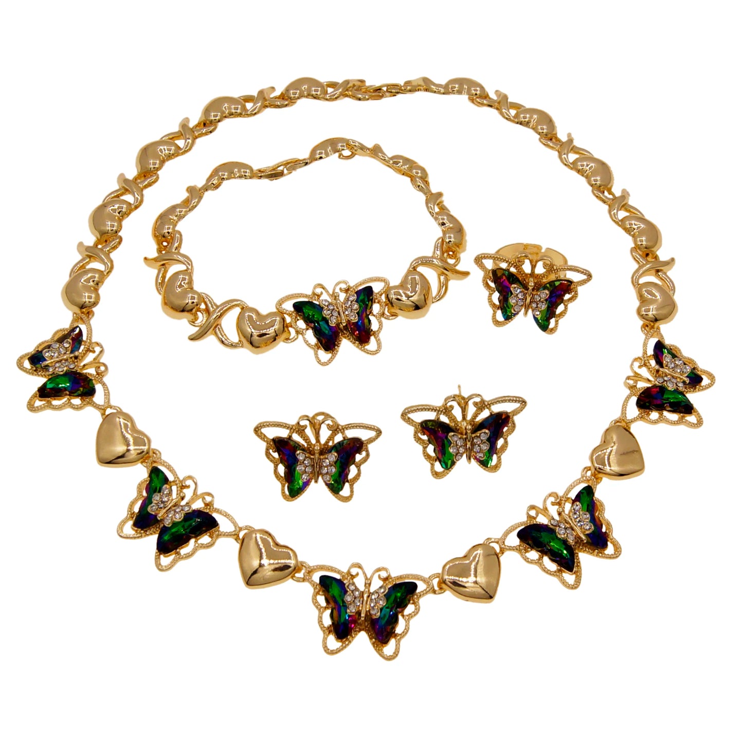 Zhuerrui Hot Sale Butterfly Xoxo Necklace Set Rhinestones Exquisite 4Piece Set Gold Filled Women Bridal Jewelry Set X0194