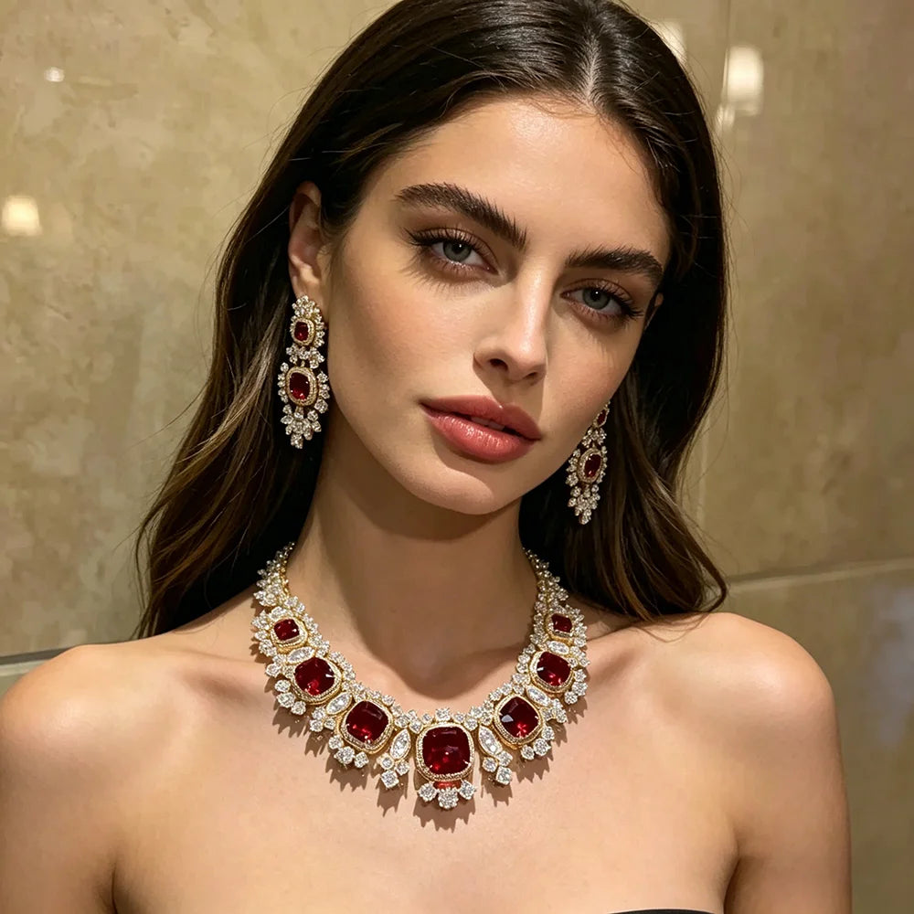 XM S297 Gold Plated Red Cushion Cut Zircon Floral Statement Necklace & Earrings Bridal Set