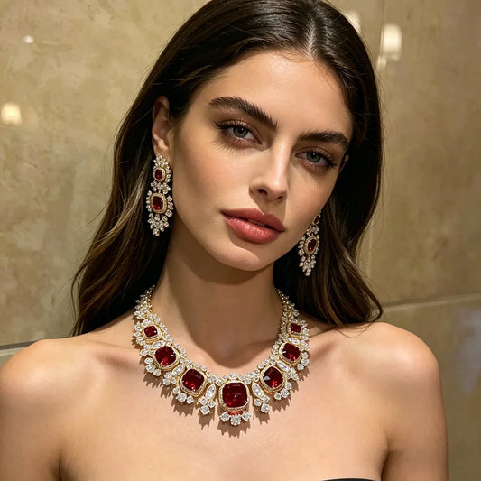 XM S297 Gold Plated Red Cushion Cut Zircon Floral Statement Necklace & Earrings Bridal Set
