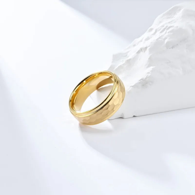 Men's 8mm Tungsten Carbide Ring Hammered Finish 18K Gold Plated Classic Comfortable Inner Band Engagement