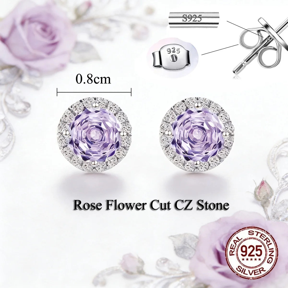 S&S 925 Sterling Silver 8mm Rose-Cut CZ Stud Earrings – 4 Colours – Collection