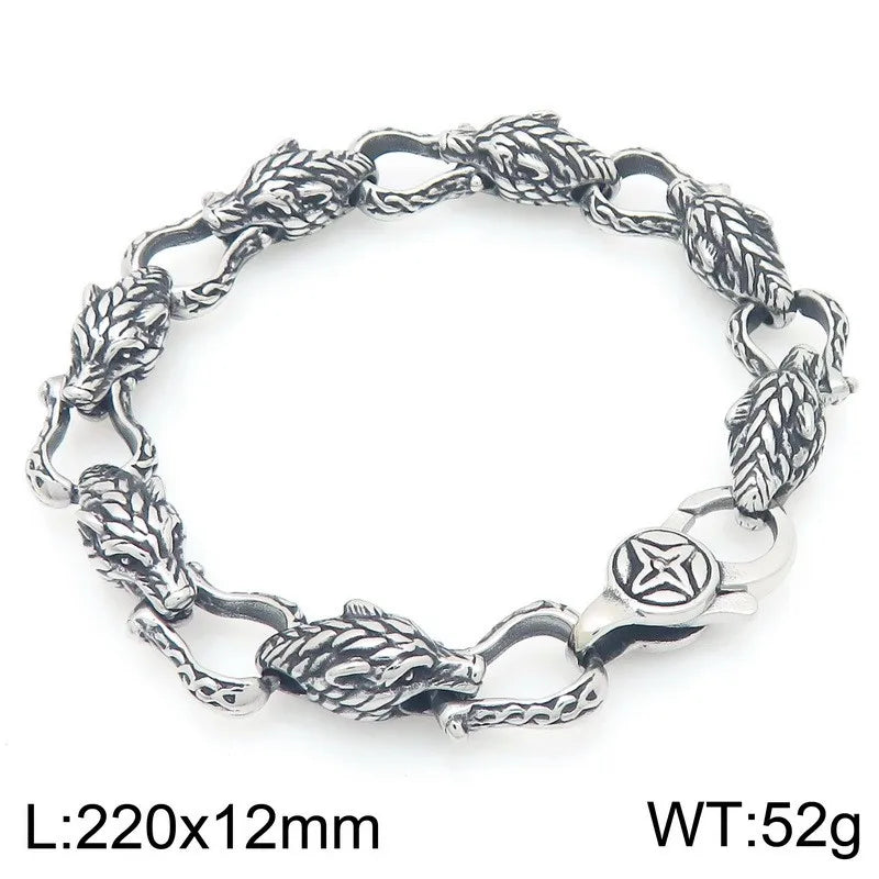 REBEL Fashion Bracelets Men Stainless Steel Punk Wolf Head Links Bracelet Bangle