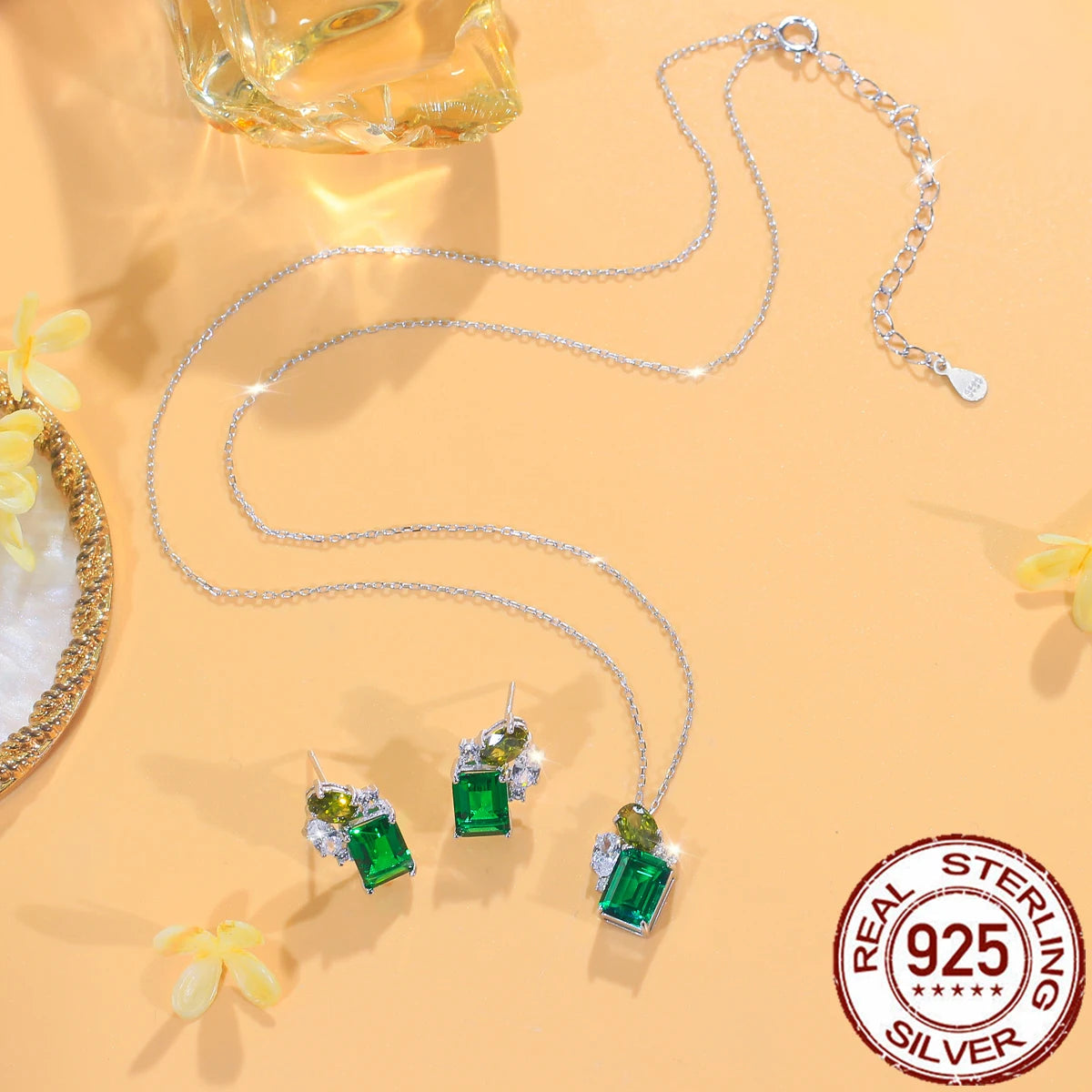 925 Sterling Silver Jewelry Set Green Baguette Cubic Zirconia Pendant Necklace Stud Earrings Jewelry Set for Women Girl Party
