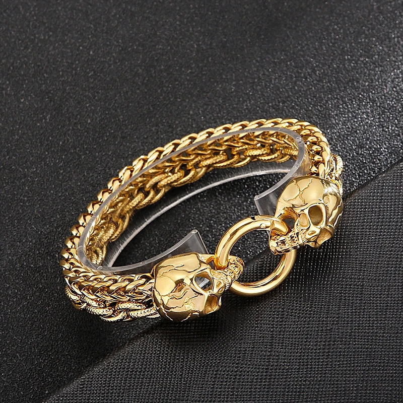 KALEN Punk Double Woven Chain 18K Gold Plating Skeleton Skull Head Men Stainless Steel Jewelry Bracelets