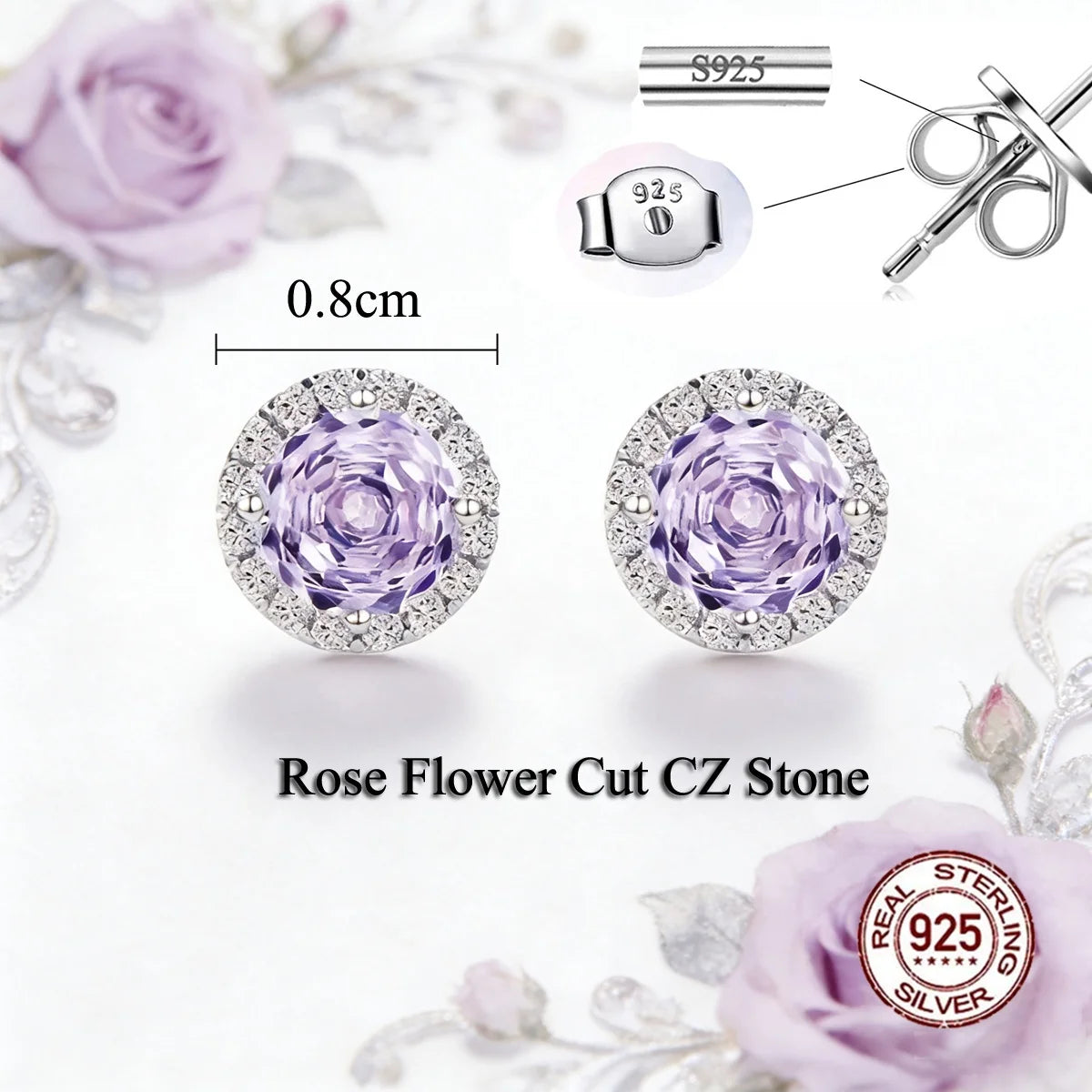 S925 Solid Silver Charming Rose Flower CZ Purple Round Pendant Necklace and Earring Jewelry Set for Ladies Fine Jewelry