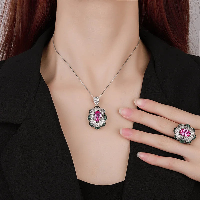 Gemfiori New Royal Blue Ring Pendant Necklace Jewelry Set Sparkling Flower Inlaid Zircon Set