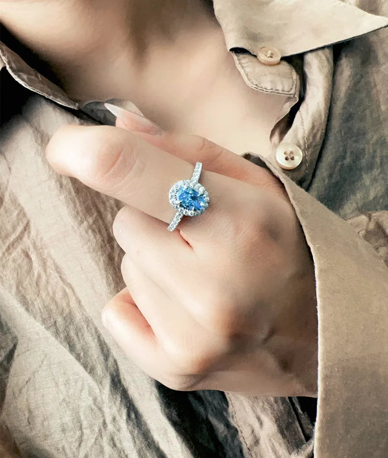 MuShan Jewelry Factory 1.6ct Navy Blue Egg Shaped 5 * 8 Ice Flower Cut High Carbon Diamond S925 Pure Silver Ring for Women