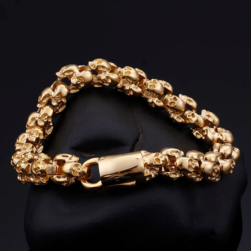 Kalen Punk Skull Gothic Jewelry Stainless Steel Bracelet Gold Plated Shiny Matte Skull Beaded Thick Bracelet for Men