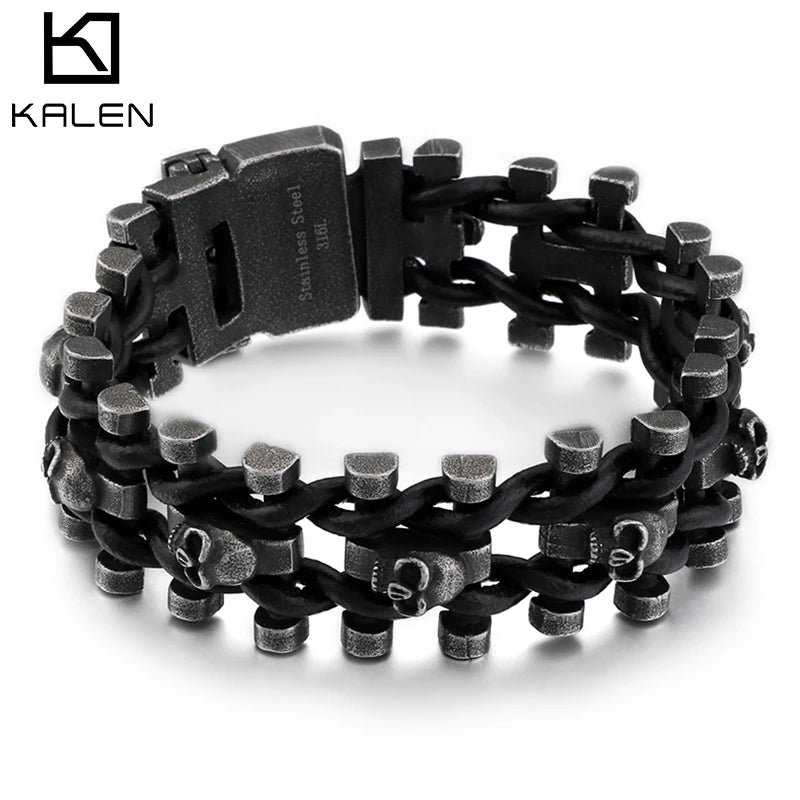 VIKING Mens Punk Skull Skeleton Link Bracelet – Oxidized Stainless Steel