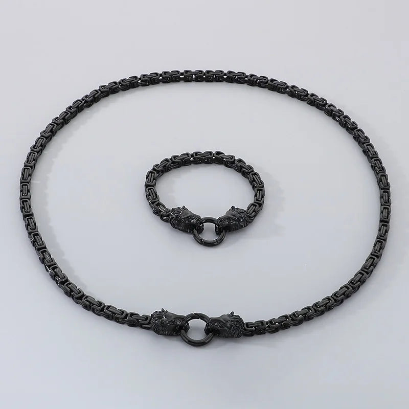 REBEL CY Hip-Hop Style Bold Lion Head Stainless Steel Bracelet Trendy Versatile Men's Imperial Chain Necklace Set Jewelry