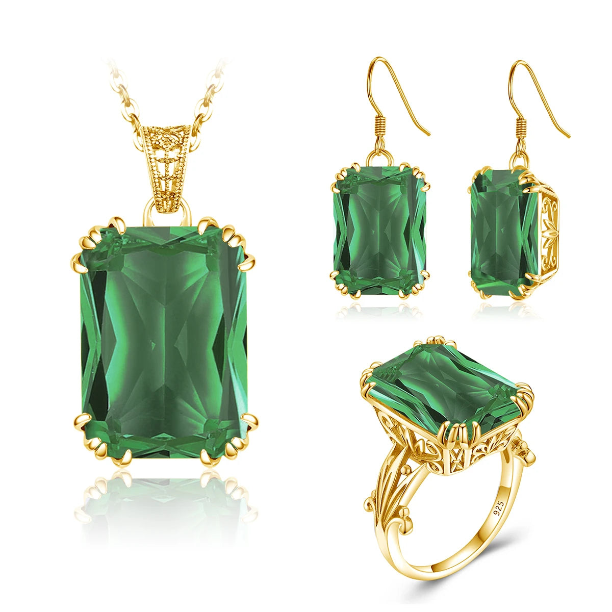ArtistA Emerald Gemstone Vintage Engagement Wedding 925 Sterling Silver 18K Gold Plated Jewelry Set with Ring Earrings Pendant for Women