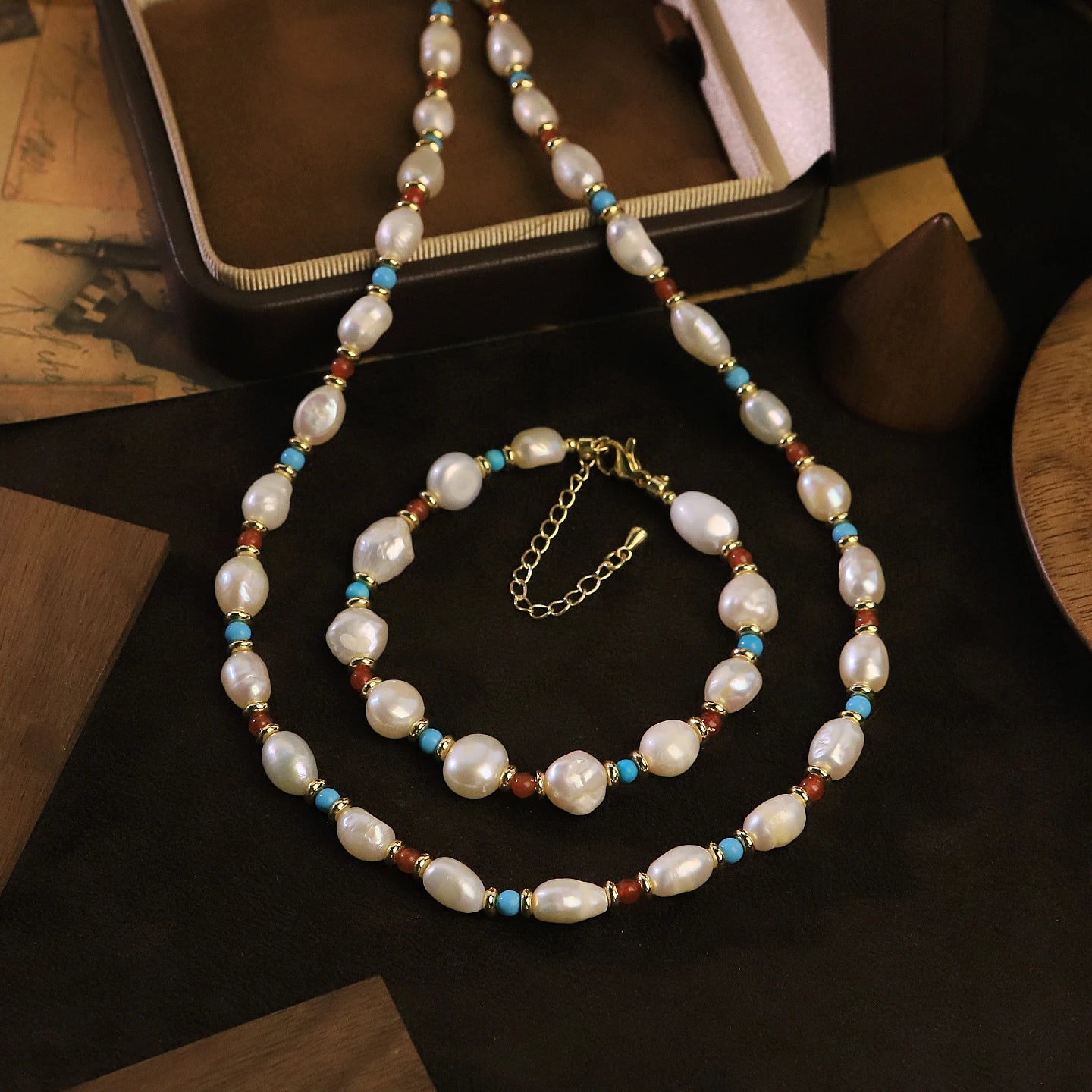 GS0272 Natural Freshwater Pearl, Turquoise & Agate Bohemian Jewellery Set for Women