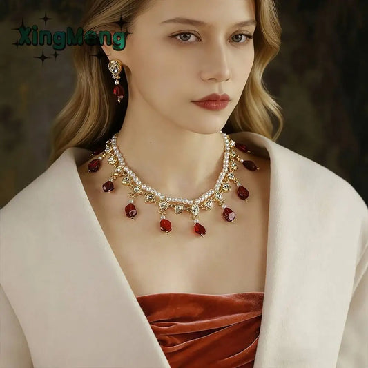 XM S140 Vintage Red Teardrop Gemstone Pearl Jewelry Set for Wedding Party and Formal Occasions