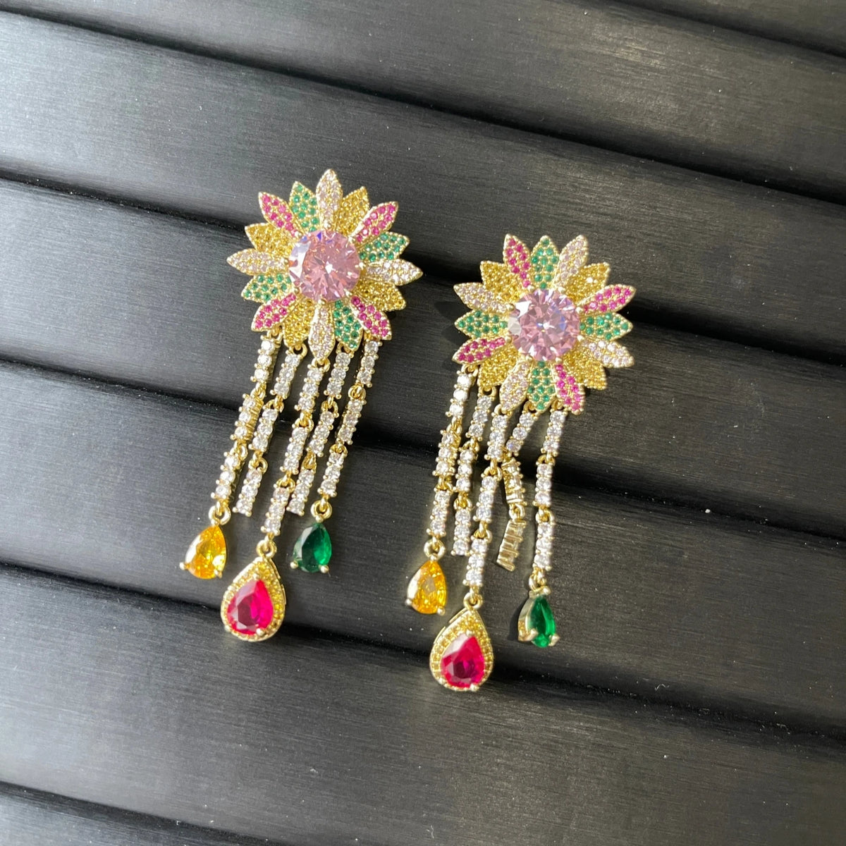 Gemfiori TIANSHE Colorful Zircon Sunflower Earrings Bracelet Ring Women's Luxury Jewelry 3pcs Set for Banquet Accessories