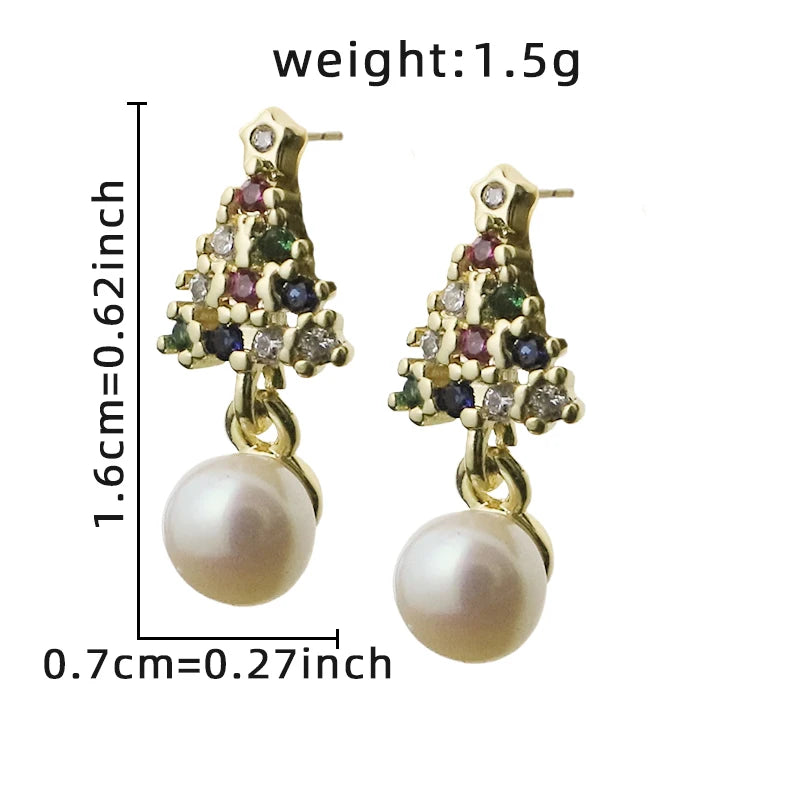 Natural Freshwater Pearl Zircon Christmas Tree Earrings Pendant Fashion Design Earrings Christmas Women's Jewelry GE1783