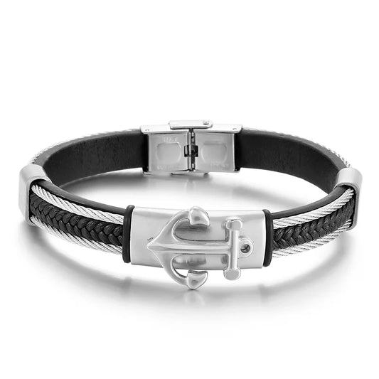 KALEN 210mm Punk Stainless Steel Mens Cowhide Leather Anchor Bracelets