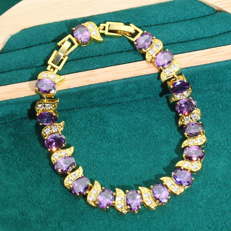 XOTICA Exquisite Purple Zircon Gold Color Jewelry Set for Women Banquet Bracelet Earrings Necklace Pendant Ring for Wedding or Party