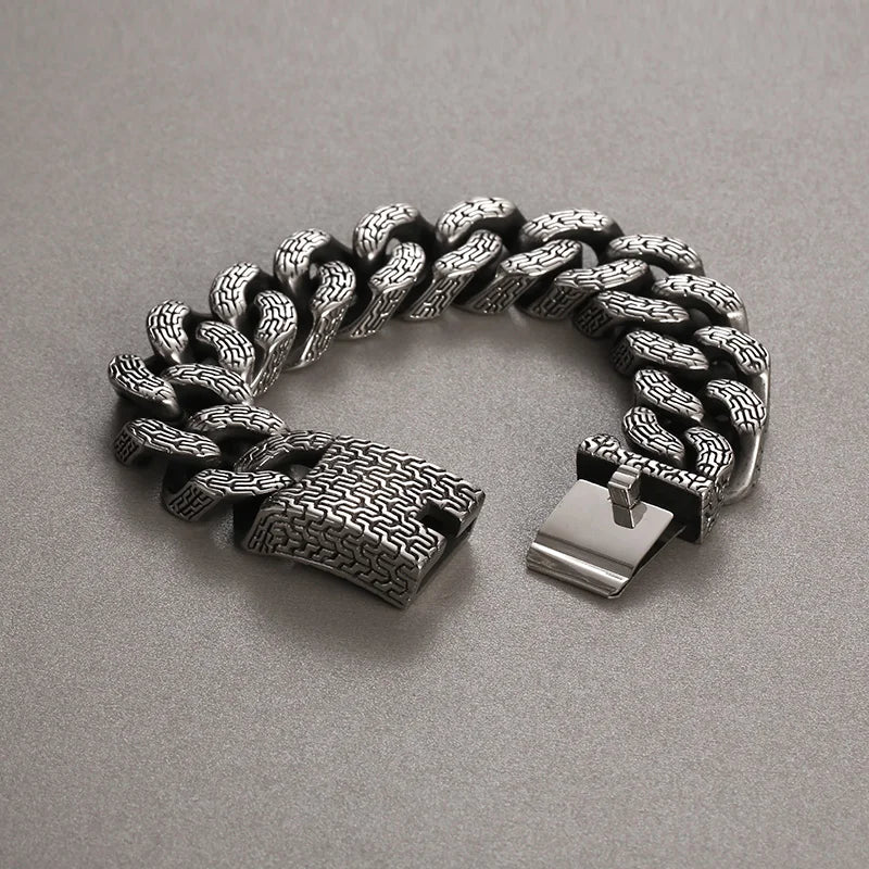 KALEN Men Retro 220mm Stainless Steel Tire Mark Cuban Links Bracelet