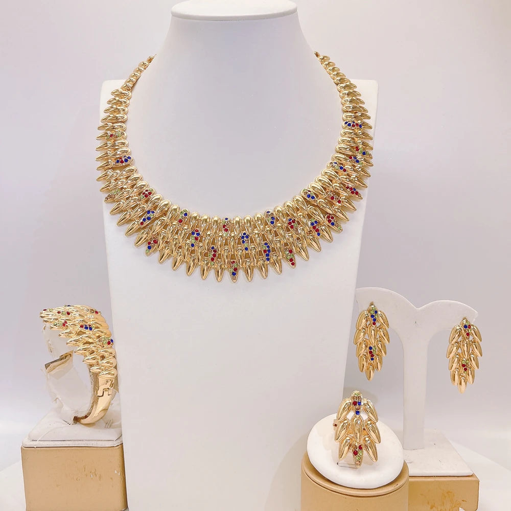 Zhuerrui Chic Leaf Multicolor Rhinestone Gold Plated Jewelry Set for Women Necklace Earrings Bracelet Ring Evening Jewelry I0101