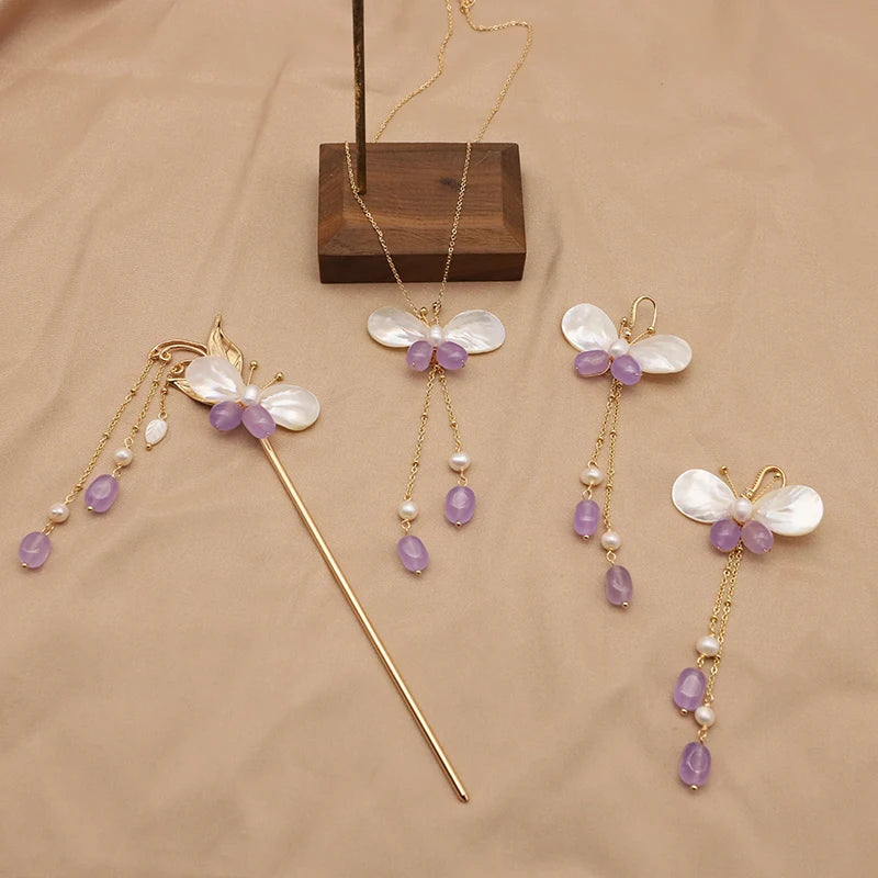 GLSEEVO Amethyst & Shell Butterfly Necklace, Earrings & Hairpin Set — 18K Gold Plated Brass | Vintage Luxury