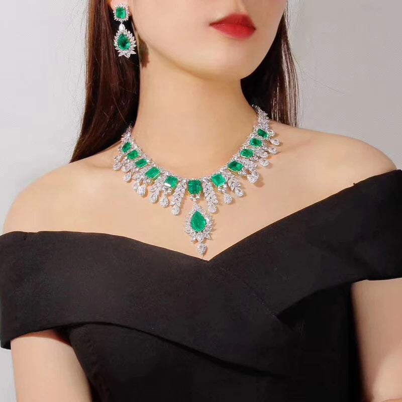 Gemfiori Anster Luxury Large Chain Lab Grown Emerald Pendant Necklace Square Cut Emerald for Wedding Gift Party Engagement Anniversary