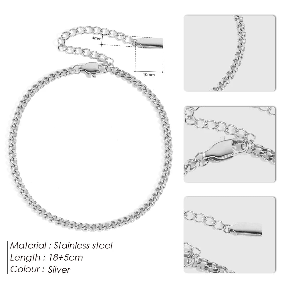 eManco 3MM Cuban Chain Anklet Stainless Steel Silver 14K Gold Plated Unisex Engagement Jewelry Classic Lobster Buckle Fashion