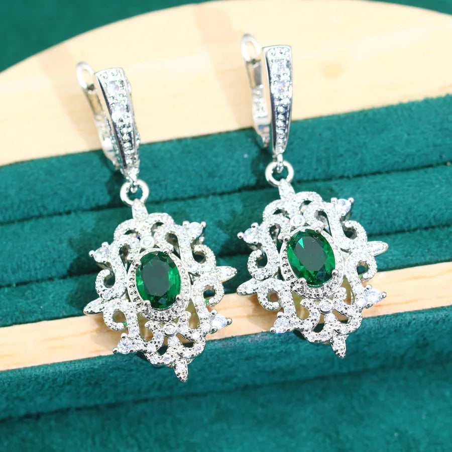 XOTICA 2024 New Classic Green Zircon 925 Silver Jewelry Set for Women Wedding Bracelet Earrings Necklace Pendant Ring Engagement