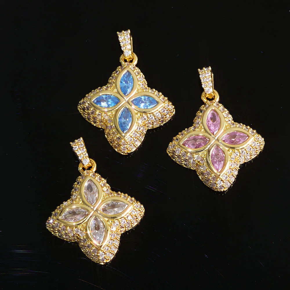Luxury Full Zircon Four-Leaf Clover Pendant Necklace Hip-Hop Bling Jewelry Gold Plated Necklace