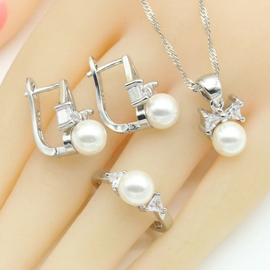 White Zircon Sterling Silver Jewelry Set for Women Wedding Engagement Gift Hoop Earrings Necklace Pendant Open Ring