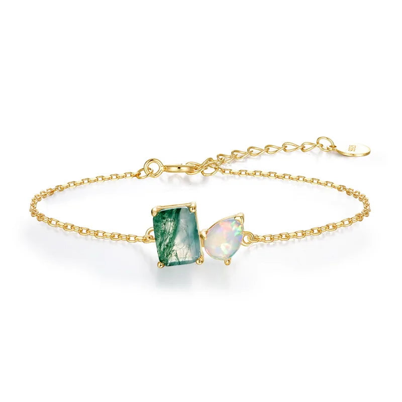 925 Sterling Silver Natural Moss Agate Opal Jewelry Set 14K Gold Plated Emerald Cut Jewelry Set for Women