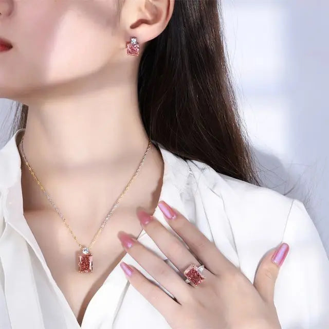 S&S Papalacha Pink CZ 925 Silver Jewellery Set | Rectangle Cut Necklace, Earrings & Ring | S&S Collection