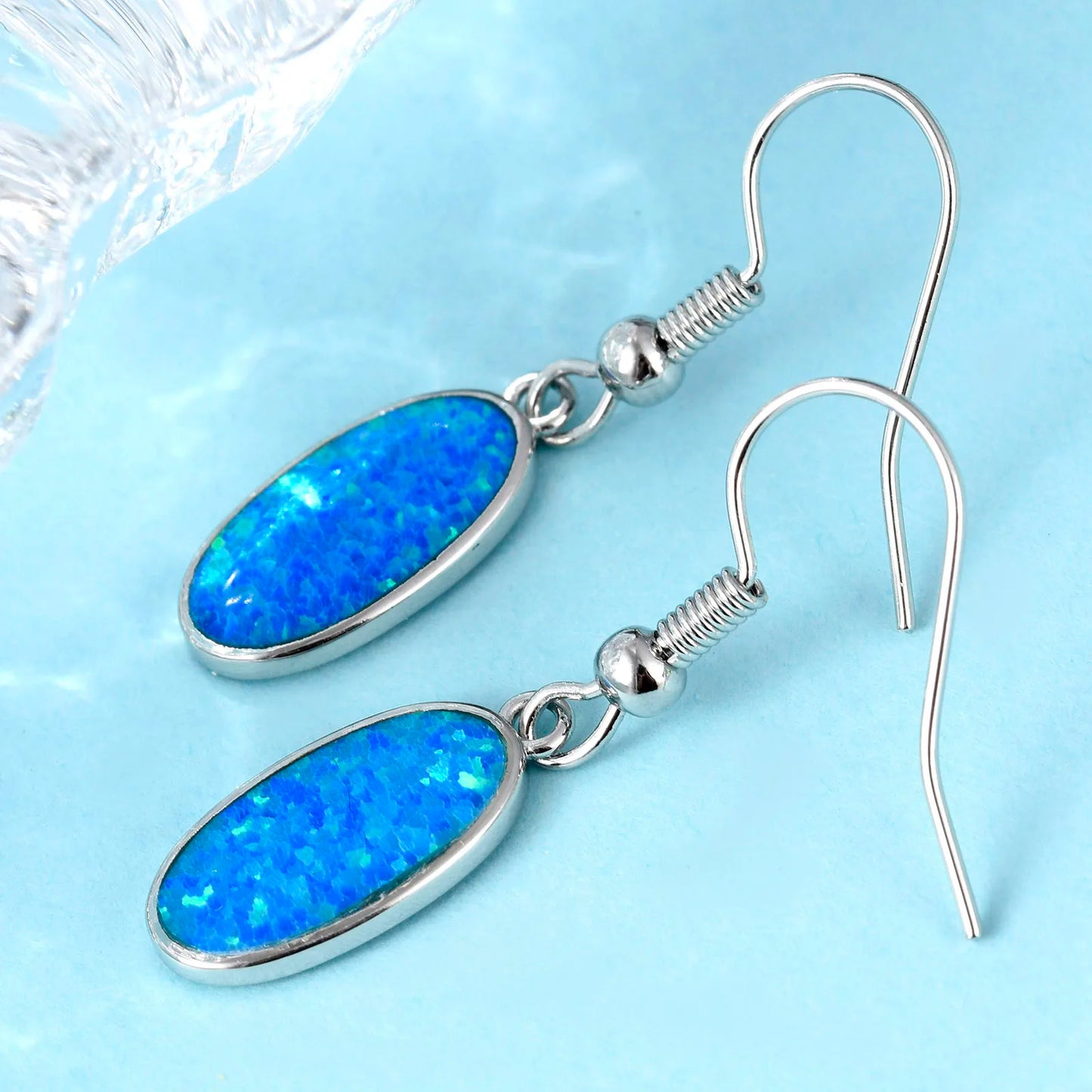 Geometric Opal Drop Earrings - Blue Fire Opal Solitaire & CZ Accent Design | Elegant Formal Jewelry Bulk Gifts