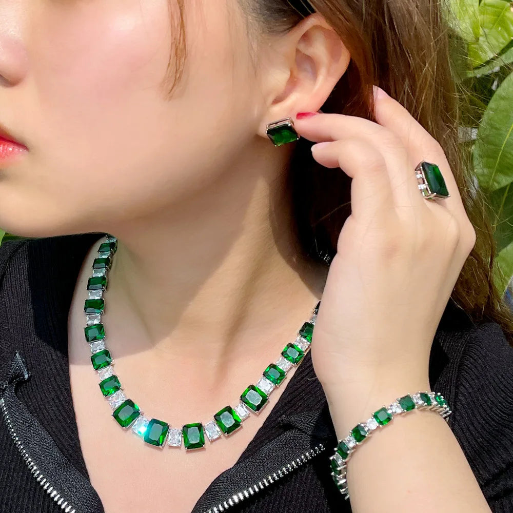 4pcs Square Cubic Zirconia Dark Green African Bride Jewelry Sets Necklace Earrings for Women Luxury Evening Party Costume