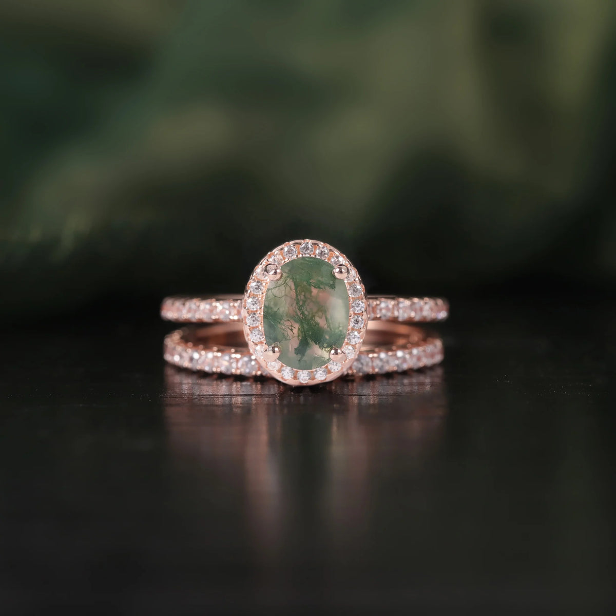 ArtistA Abiding Dainty Jewelry Oval Cut 6X8MM Moss Agate 2 Pieces Minimalist 925 Sterling Silver Women Rings Set for Wedding Engagement