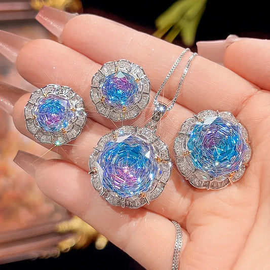 Gemfiori New Women's Fashion Jewelry Necklace Ring Earstuds Copper Gold Plated Rose Cutting Sea Blue Temperament Light Luxury Set