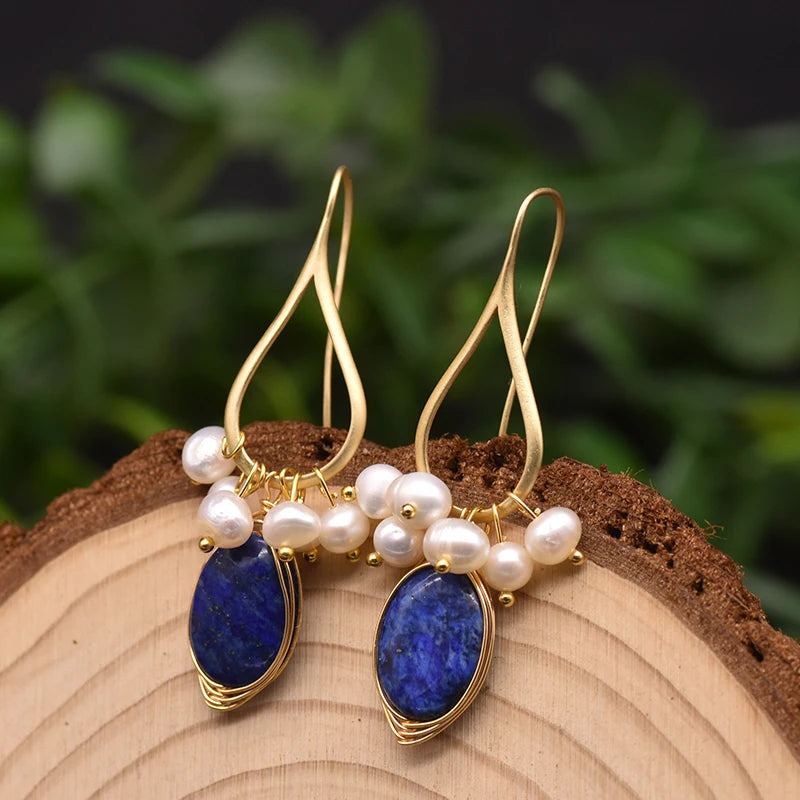 Natural Lapis Lazuli Pearl Temperament Drop Earrings for Women Girls Party Gift Original Design Luxury  Earrings Bulk